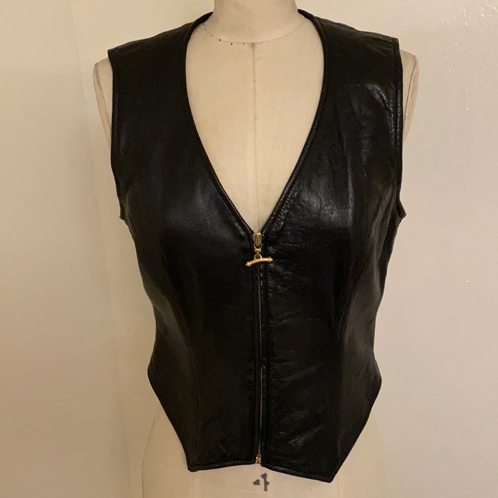 BEBE black leather deep V gold zip up VEST